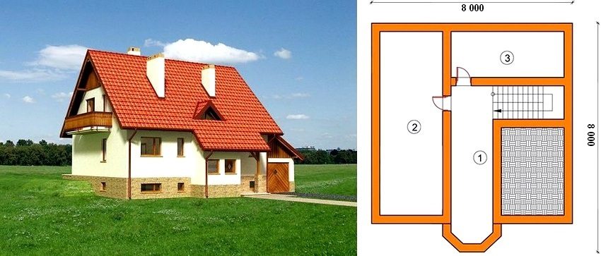 Planen for kjelleren til et enetasjes hus 8 til 8 m: 1 - korridor, 2 og 3 - lokaler som ikke er bolig (biljardrom, fyrrom, vaskerom, treningsstudio, etc.) Planen for kjelleren til et enetasjes hus 8 til 8 m: 1 - korridor, 2 og 3 - lokaler som ikke er bolig (biljardrom, fyrrom, vaskerom, treningsstudio, etc.)