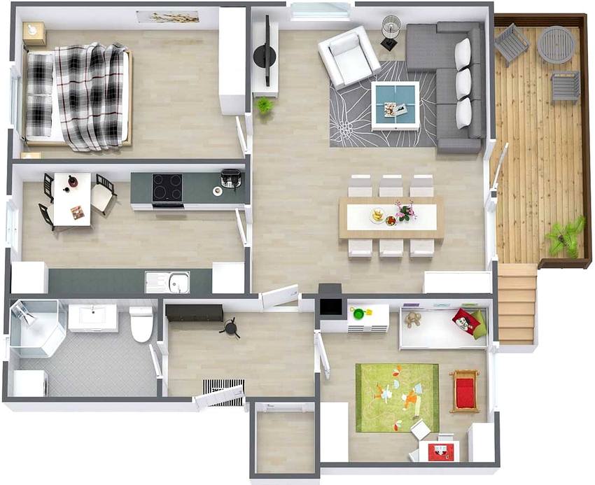 Layoutalternativ for en etasjes hus for en familie med et barn Oppsett for et hus i en etasje for en familie med et barn