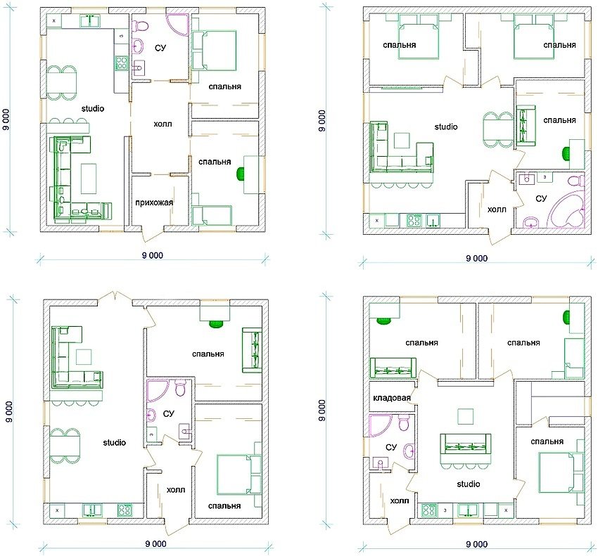 Layoutalternativer for et etasjes hus 9 x 9 m Layoutalternativer for et enetasjes hus 9 x 9 m