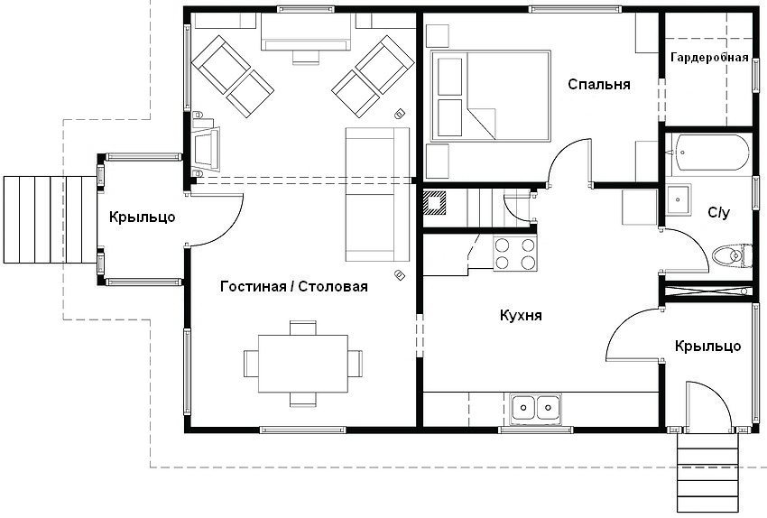 Alternativ for utforming av et etasjes hus 12x12 m Mulighet for utforming av et etasjes hus 12x12 m