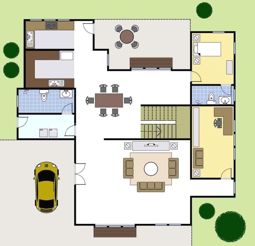 פריסת הקומה הראשונה של קוטג 'בגודל 8x8 מ' עם מרפסת ומקום חניה לרכב פריסת הקומה הראשונה של קוטג 'בגודל 8x8 מ' עם מרפסת ומקום חניה לרכב