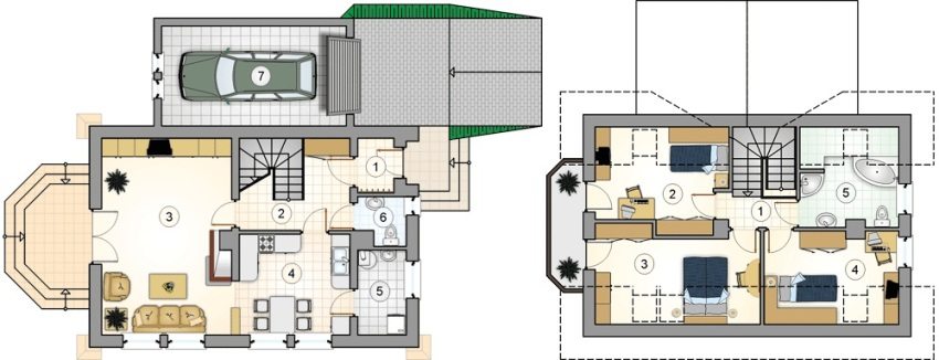 Công trình 7. Mặt bằng tầng 1: 1 - sảnh vào, 2 - sảnh cầu thang, 3 - phòng khách, 4 - bếp - ăn, 5 - kho, 6 - vệ sinh, 7 - gara. Mặt bằng tầng 2: 1 - hành lang, 2 - nhà trẻ, 3 - phòng ngủ, 4 - nhà trẻ, 5 - phòng tắm Công trình 7. Mặt bằng tầng 1: 1 - sảnh vào, 2 - sảnh cầu thang, 3 - phòng khách, 4 - bếp - ăn, 5 - kho, 6 - vệ sinh, 7 - gara. Mặt bằng tầng 2: 1 - hành lang, 2 - nhà trẻ, 3 - phòng ngủ, 4 - nhà trẻ, 5 - phòng tắm