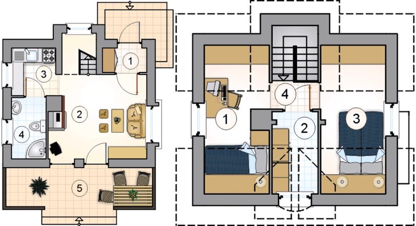 Dự án 1. Mặt bằng tầng 1: 1 - tiền đình, 2 - phòng khách, 3 - bếp, 4 - phòng vệ sinh, 5 - sân thượng. Mặt bằng tầng 2: 1 - phòng ngủ, 2 - phòng thay đồ, 3 - phòng ngủ, 4 - cầu thang Dự án 1. Mặt bằng tầng 1: 1 - tiền đình, 2 - phòng khách, 3 - bếp, 4 - phòng vệ sinh, 5 - sân thượng. Mặt bằng tầng 2: 1 - phòng ngủ, 2 - phòng thay đồ, 3 - phòng ngủ, 4 - cầu thang