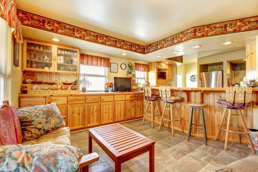 Các phòng kết hợp phòng khách và bếp được ngăn cách bằng quầy bar Các phòng kết hợp phòng khách và bếp được ngăn cách bằng quầy bar