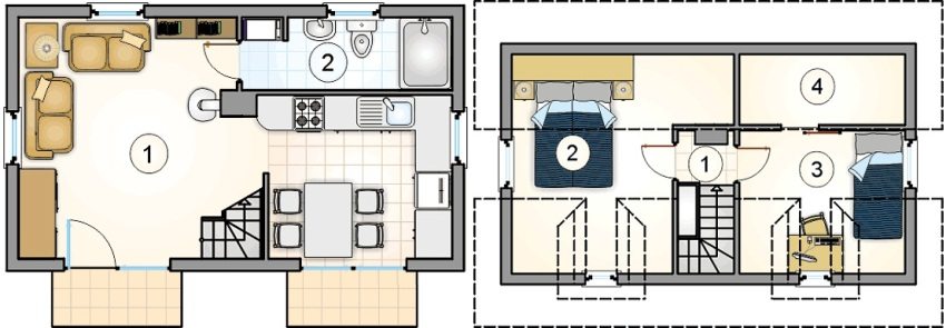 Dự án 2. Mặt bằng tầng 1: 1 - bếp - phòng khách - phòng ăn, 2 - phòng vệ sinh. Mặt bằng tầng 2: 1 - hành lang, 2 và 3 - phòng ngủ, 4 - phòng thay đồ Dự án 2. Mặt bằng tầng 1: 1 - bếp - phòng khách - phòng ăn, 2 - phòng vệ sinh. Mặt bằng tầng 2: 1 - hành lang, 2 và 3 - phòng ngủ, 4 - phòng thay đồ