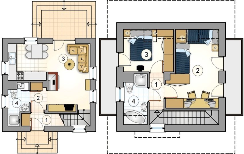 Dự án 3. Mặt bằng tầng 1: 1 - sảnh vào, 2 - hành lang, 3 - bếp - phòng khách, 4 - phòng vệ sinh. Mặt bằng tầng 2: 1 - hành lang, 2 - nhà trẻ, 3 - phòng ngủ, 4 - phòng tắm Dự án 3. Mặt bằng tầng 1: 1 - sảnh vào, 2 - hành lang, 3 - bếp - phòng khách, 4 - phòng vệ sinh. Mặt bằng tầng 2: 1 - hành lang, 2 - nhà trẻ, 3 - phòng ngủ, 4 - phòng tắm