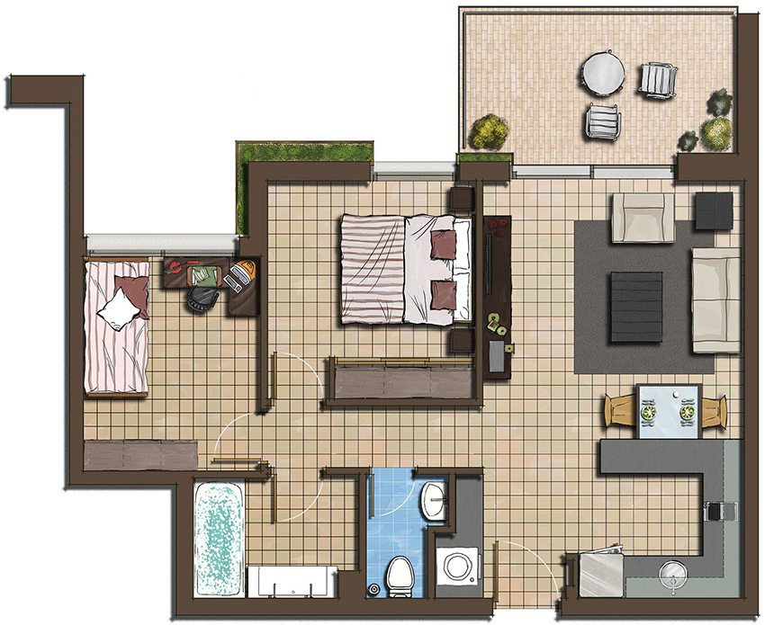 Oppsett av rom i et hus laget av tømmer med dimensjoner 8 til 8 meter Oppsett av rom i et hus laget av tømmer med dimensjoner 8 til 8 meter
