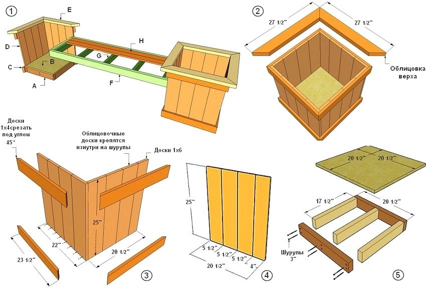 Figure: 1-1. Scheme of a bench with wooden boxes for flowers: 1 - design of a bench and calculation of materials: A - logs (2x4 boards 17 1/2 long - 6 pcs., 2x4 boards 20 1/2 long - 4 pcs.); B - the bottom of the box (3/4 plywood 20 1/2 x 20 1/2 - 2 pcs.); С - trims (boards 1x4, length 23 1/2 - 16 pcs.); D - side lamellas (boards 1x6, 25 - 32 pcs.); E - trims for lining the top (2x4 boards, 45 - 8 pcs.); F - seat frame (2x4 boards 63 long - 2 pcs., 2x4 boards 17 1/2 long - 2 pcs.); G - transverse strips (boards 1x2, length 17 1/2 - 5 pcs.); H - seat (1x4 boards 60 - 5 pcs.); 2 - side facing; 3 - installation of the walls of the flower box; 4 - mounting dimensions of the box walls; 5 - diagram of the device of the bottom of the box for flowers Figure: 1-1. Scheme of a bench with wooden boxes for flowers: 1 - design of a bench and calculation of materials: A - logs (2x4 boards 17 1/2 long - 6 pcs., 2x4 boards 20 1/2 long - 4 pcs.); B - the bottom of the box (3/4 plywood 20 1/2 x 20 1/2 - 2 pcs.); С - trims (boards 1x4, length 23 1/2 - 16 pcs.); D - side lamellas (boards 1x6, 25 - 32 pcs.); E - trims for lining the top (2x4 boards, 45 - 8 pcs.); F - seat frame (2x4 boards 63 long - 2 pcs., 2x4 boards 17 1/2 long - 2 pcs.); G - transverse strips (boards 1x2, length 17 1/2 - 5 pcs.); H - seat (1x4 boards 60 - 5 pcs.); 2 - side facing; 3 - installation of the walls of the flower box; 4 - mounting dimensions of the box walls; 5 - diagram of the device of the bottom of the box for flowers