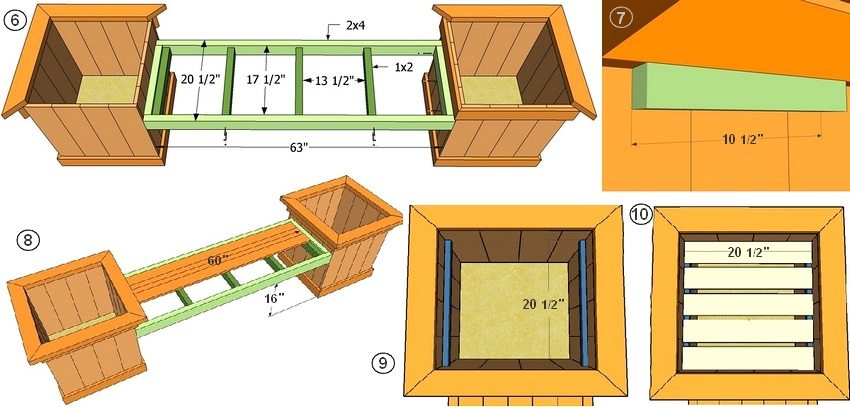 Figure: 1-2. Scheme of a bench with wooden flower boxes: 6 - mounting dimensions of the seat frame; 7 - strengthening the structure of the bench; 8 - installation of the seat rails; 9, 10 - box installation Figure: 1-2. Scheme of a bench with wooden flower boxes: 6 - mounting dimensions of the seat frame; 7 - strengthening the structure of the bench; 8 - installation of the seat rails; 9, 10 - box installation
