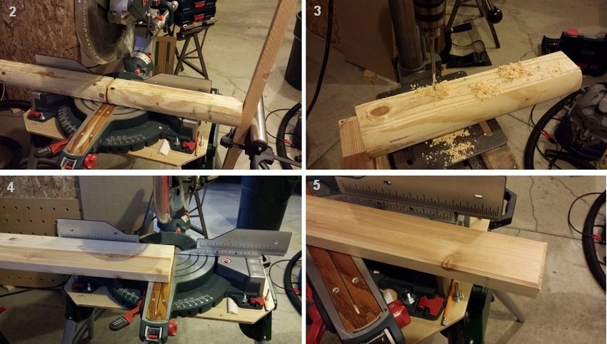 Figure: 3-2. The procedure for making a simple wooden bench: 2 - sawing wood for the legs of the bench; 3 - drilling holes in the details of the legs; 4 - preparation of boards for the seat; 5 - processing the edges of the seat parts Figure: 3-2. The procedure for making a simple wooden bench: 2 - sawing wood for the legs of the bench; 3 - drilling holes in the details of the legs; 4 - preparation of boards for the seat; 5 - processing the edges of the seat parts