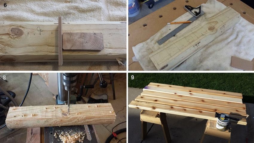 Figure: 3-3. The procedure for making a simple wooden bench: 6, 7 - marking the details of the legs; 8 - drilling holes at the designated points; 9 - applying a protective coating to the seat parts Figure: 3-3. The procedure for making a simple wooden bench: 6, 7 - marking the details of the legs; 8 - drilling holes at the designated points; 9 - applying a protective coating to the seat parts