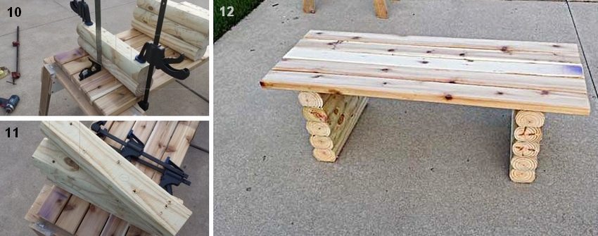 Figure: 3-4. The procedure for making a simple wooden bench: 10, 11 - fastening the legs to the seat; 12 - view of the finished product Figure: 3-4. The procedure for making a simple wooden bench: 10, 11 - fastening the legs to the seat; 12 - view of the finished product