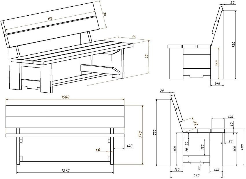 Figure: 4. Drawing of a wooden bench with a back for two persons Figure: 4. Drawing of a wooden bench with a back for two persons