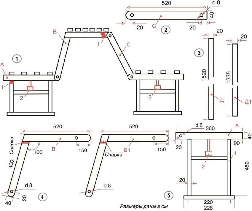 Figure: 6. Scheme of creating a bench-transformer: 1 - kinematic diagram of the transformer in the table position (1 - position limiters B (tube 20x20 mm, length 35-49 mm), 2 - support rod); 2 - detail C (pipe 40x20 - 2 pcs.); 3 - connecting jumpers (pipe 20x20 mm). D - for an external bench, D1 - for an internal one; 4 - parts B, B1 (pipe 40x20 mm). B1 is mirrored with respect to B; 5 - bench leg (4 pcs.), Where: A - steel pipe 40x20 mm, 1 - jumpers (pipe 20x20 mm - 4 pcs.), 2 - support rod Figure: 6. Scheme of creating a bench-transformer: 1 - kinematic diagram of the transformer in the table position (1 - position limiters B (tube 20x20 mm, length 35-49 mm), 2 - support rod); 2 - detail C (pipe 40x20 - 2 pcs.); 3 - connecting jumpers (pipe 20x20 mm). D - for an external bench, D1 - for an internal one; 4 - parts B, B1 (pipe 40x20 mm). B1 is mirrored with respect to B; 5 - bench leg (4 pcs.), Where: A - steel pipe 40x20 mm, 1 - jumpers (pipe 20x20 mm - 4 pcs.), 2 - support rod
