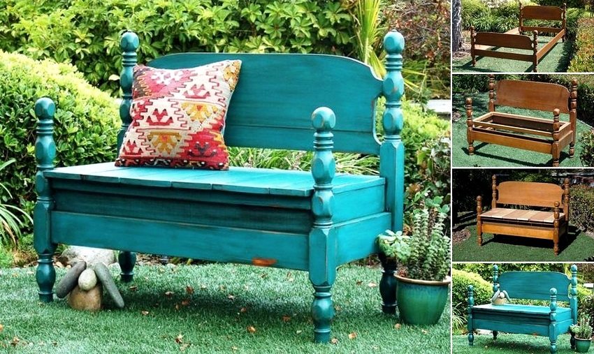 An original bench made from an old wooden bed An original bench made from an old wooden bed