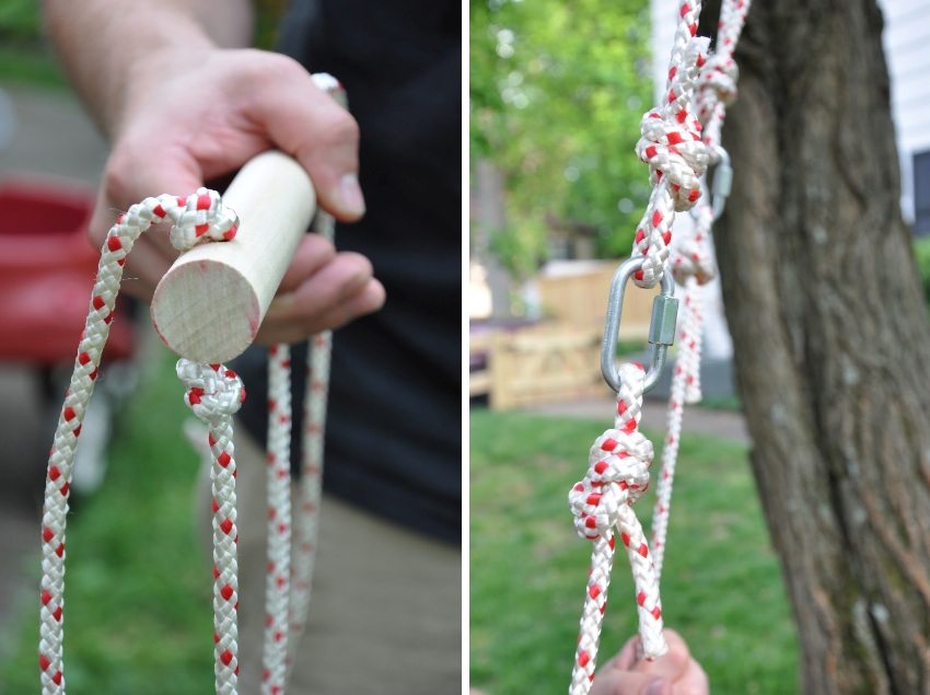 วงสวิงของสเก็ตบอร์ดสำหรับเด็กขั้นตอนที่ 5: ยึดโครงสร้างที่สร้างขึ้นกับต้นไม้โดยใช้คาราบิเนอร์ วงสวิงของสเก็ตบอร์ดสำหรับเด็กขั้นตอนที่ 5: ยึดโครงสร้างที่สร้างขึ้นกับต้นไม้โดยใช้คาราบิเนอร์