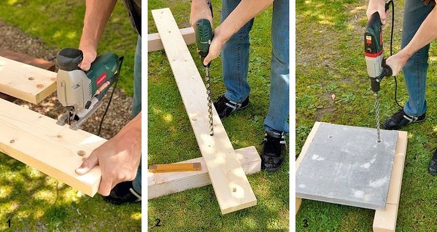 Φιγούρα: 1-2. Η διαδικασία για την κατασκευή πάγκου κήπου από πλάκες από ξύλο και σκυρόδεμα: 1 - προετοιμασία ξύλινων μερών. 2 - σήμανση των σανίδων, διάτρηση οπών σε αυτά? 3 - σήμανση πλακών από σκυρόδεμα, οπές διάτρησης σε πλάκες Φιγούρα: 1-2. Η διαδικασία για την κατασκευή πάγκου κήπου από πλάκες από ξύλο και σκυρόδεμα: 1 - προετοιμασία ξύλινων μερών. 2 - σήμανση των σανίδων, διάτρηση οπών σε αυτά? 3 - σήμανση πλακών από σκυρόδεμα, οπές διάτρησης σε πλάκες