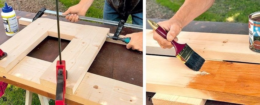 Φιγούρα: 1-4. Η διαδικασία για την κατασκευή ενός πάγκου κήπου από πλάκες από ξύλο και σκυρόδεμα: 6 - συλλογή της πλάτης. 7 - κάλυψη ξύλινων μερών με αντισηπτικό διάλυμα Φιγούρα: 1-4. Η διαδικασία για την κατασκευή ενός πάγκου κήπου από πλάκες από ξύλο και σκυρόδεμα: 6 - συλλογή της πλάτης. 7 - κάλυψη ξύλινων μερών με αντισηπτικό διάλυμα