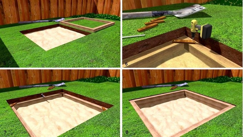 รูป: 2-2. คำแนะนำทีละขั้นตอนสำหรับการสร้างแซนด์บ็อกซ์: 5 - วางบอร์ดรอบปริมณฑลสร้างสี่เหลี่ยม 6 - วางแผ่นไม้แถวแรกบนเบาะทรายยึดมุมไว้ชั่วคราว 7 - ปรับระดับกระดานด้วยค้อนและระดับ 8 - วางไม้กระดานแถวที่สองถอดตัวยึดชั่วคราวออกอย่างระมัดระวัง รูป: 2-2. คำแนะนำทีละขั้นตอนสำหรับการสร้างแซนด์บ็อกซ์: 5 - วางบอร์ดรอบปริมณฑลสร้างสี่เหลี่ยม 6 - วางแผ่นไม้แถวแรกบนเบาะทรายยึดมุมไว้ชั่วคราว 7 - ปรับระดับกระดานด้วยค้อนและระดับ 8 - วางไม้กระดานแถวที่สองถอดตัวยึดชั่วคราวออกอย่างระมัดระวัง