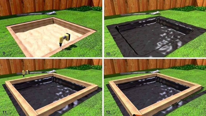 รูป: 2-3.คำแนะนำทีละขั้นตอนสำหรับการสร้างแซนด์บ็อกซ์: 9 - เจาะรูและยึดบอร์ดด้วยสกรู 3 ตัวที่แต่ละด้าน 10 - ใส่ชั้นของโพลีเอทิลีนหรือผ้าใยสังเคราะห์ 11 - ติดตั้งบอร์ดแถวที่สามยึดด้วยสกรูที่แถวล่างสุด (สกรูในแถวที่สามของบอร์ดไม่ควรอยู่เหนือสกรูที่ติดตั้งในแถวที่สองโดยตรง) 12 - ตัดวัสดุส่วนเกินออกด้วยกรรไกรหรือมีด รูป: 2-3. คำแนะนำทีละขั้นตอนสำหรับการสร้างแซนด์บ็อกซ์: 9 - เจาะรูและยึดบอร์ดด้วยสกรู 3 ตัวที่แต่ละด้าน 10 - ใส่ชั้นของโพลีเอทิลีนหรือผ้าใยสังเคราะห์ 11 - ติดตั้งบอร์ดแถวที่สามยึดด้วยสกรูที่แถวล่างสุด (สกรูในแถวที่สามของบอร์ดไม่ควรอยู่เหนือสกรูที่ติดตั้งในแถวที่สองโดยตรง) 12 - ตัดวัสดุส่วนเกินออกด้วยกรรไกรหรือมีด