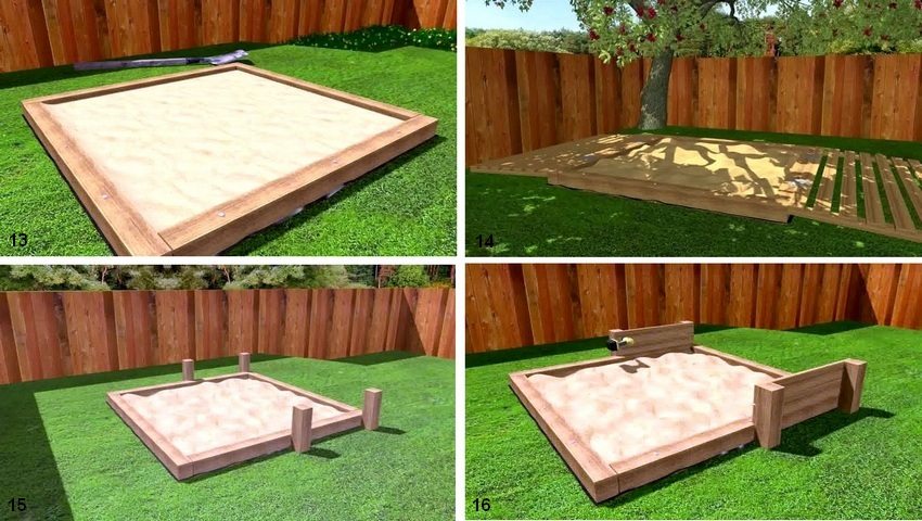 รูป: 2-4. คำแนะนำทีละขั้นตอนสำหรับการสร้างแซนด์บ็อกซ์: 13 - เติมทรายที่ทำความสะอาดและร่อนไว้ก่อนหน้านี้ 14 - คุณสามารถสร้างฝาบานพับหรือทำตามคำแนะนำเพิ่มเติมฝาที่แปลงเป็นม้านั่งสองตัว 15 - ใช้เสา 8 เสา (สี่เสาสำหรับม้านั่งตัวเดียว) 10x10 ซม. (ความยาวกำหนดโดยความสูงของกระบะทราย) 16 - ตัดบอร์ดตามความยาวที่ต้องการติดเข้ากับเสาด้วยสกรูตรวจสอบให้แน่ใจว่าโครงสร้างแข็งแรงและมั่นคง รูป: 2-4. คำแนะนำทีละขั้นตอนสำหรับการสร้างแซนด์บ็อกซ์: 13 - เติมทรายที่ทำความสะอาดและร่อนไว้ก่อนหน้านี้ 14 - คุณสามารถสร้างฝาบานพับหรือทำตามคำแนะนำเพิ่มเติมฝาที่แปลงเป็นม้านั่งสองตัว 15 - ใช้เสา 8 เสา (สี่เสาสำหรับม้านั่งตัวเดียว) 10x10 ซม. (ความยาวกำหนดโดยความสูงของกระบะทราย) 16 - ตัดบอร์ดตามความยาวที่ต้องการติดเข้ากับเสาด้วยสกรูตรวจสอบให้แน่ใจว่าโครงสร้างแข็งแรงและมั่นคง