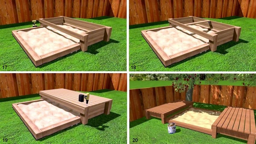 รูป: 2-5. คำแนะนำทีละขั้นตอนสำหรับการสร้างแซนด์บ็อกซ์: 17 - แก้ไขบอร์ดตามยาวดังแสดงในรูป 18 - ติดบอร์ดตรงกลางที่นั่งในอนาคต 19 - ติดตั้งแผงที่นั่ง (ใช้สกรูยึด); 20 - รักษาผลิตภัณฑ์สำเร็จรูปด้วยส่วนประกอบของน้ำยาฆ่าเชื้อ รูป: 2-5. คำแนะนำทีละขั้นตอนสำหรับการสร้างแซนด์บ็อกซ์: 17 - แก้ไขบอร์ดตามยาวดังแสดงในรูป 18 - ติดบอร์ดตรงกลางที่นั่งในอนาคต 19 - ติดตั้งแผงที่นั่ง (ใช้สกรูยึด); 20 - รักษาผลิตภัณฑ์สำเร็จรูปด้วยส่วนประกอบของน้ำยาฆ่าเชื้อ