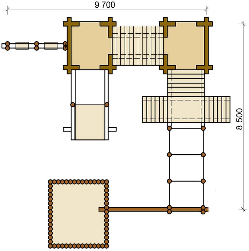 แผนสนามเด็กเล่นที่ทำจากไม้พร้อมสไลด์และองค์ประกอบอื่น ๆ แผนสนามเด็กเล่นที่ทำจากไม้พร้อมสไลด์และองค์ประกอบอื่น ๆ