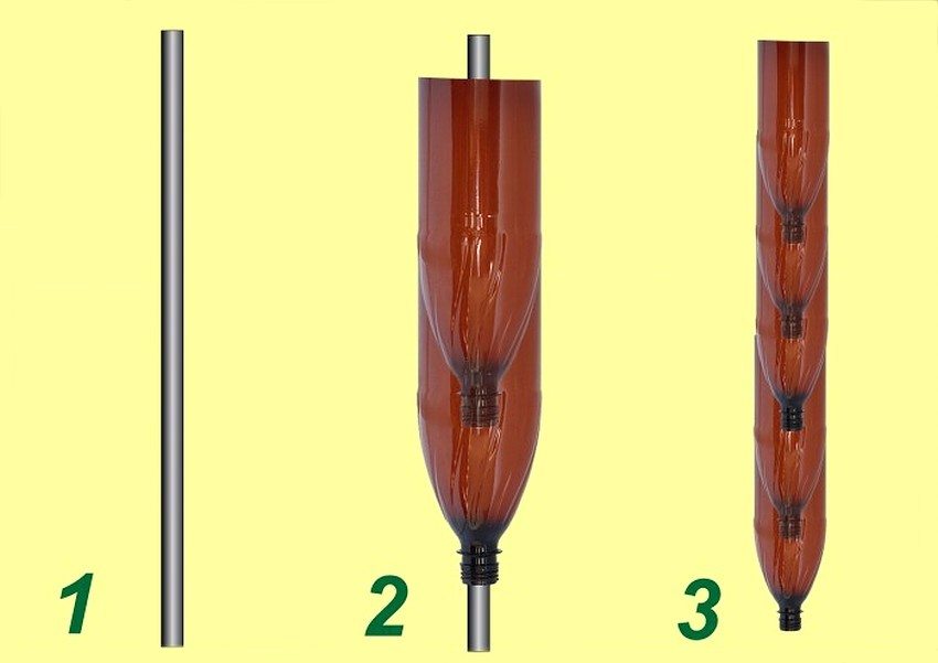 รูป: 4-1. ทำต้นปาล์มจากขวดพลาสติก การสร้างลำต้น: 1 - ยึดแท่งเหล็กไว้ที่พื้น 2 - ขวดสตริงบนแกนหลังจากตัดด้านล่างออก 3 - ลำต้นปาล์มสำเร็จรูป รูป: 4-1. ทำต้นปาล์มจากขวดพลาสติก การสร้างลำต้น: 1 - ยึดแท่งเหล็กไว้ที่พื้น 2 - ขวดสตริงบนแกนหลังจากตัดด้านล่างออก 3 - ลำต้นปาล์มสำเร็จรูป