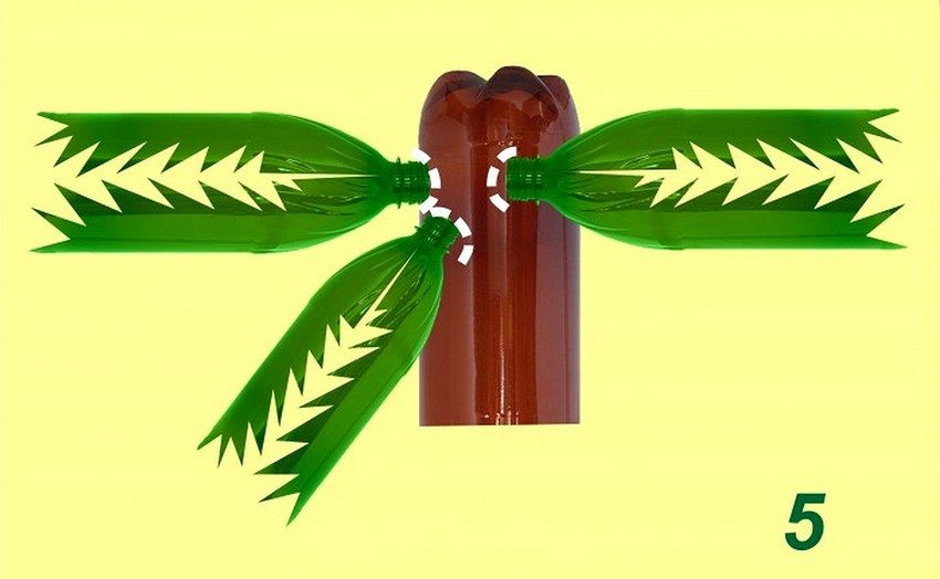 รูป: 4-3. ทำต้นปาล์มจากขวดพลาสติก การก่อตัวของมงกุฎ: 5 - ตัดเป็นรูปกากบาทบนขวดสีน้ำตาลและแก้ไขขวดสีเขียวในนั้น (เพื่อความแข็งแรงที่มากขึ้นโครงสร้างสามารถยึดด้วยลวด) รูป: 4-3. ทำต้นปาล์มจากขวดพลาสติก การก่อตัวของมงกุฎ: 5 - ตัดเป็นรูปกากบาทบนขวดสีน้ำตาลและแก้ไขขวดสีเขียวในนั้น (เพื่อความแข็งแรงที่มากขึ้นโครงสร้างสามารถยึดด้วยลวด)