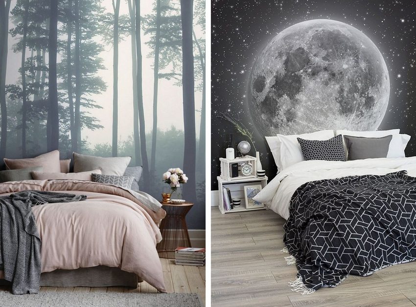 Fototapet med svart-hvitt-trykk i det indre av soverommet Fototapet med svart-hvitt-trykk i det indre av soverommet