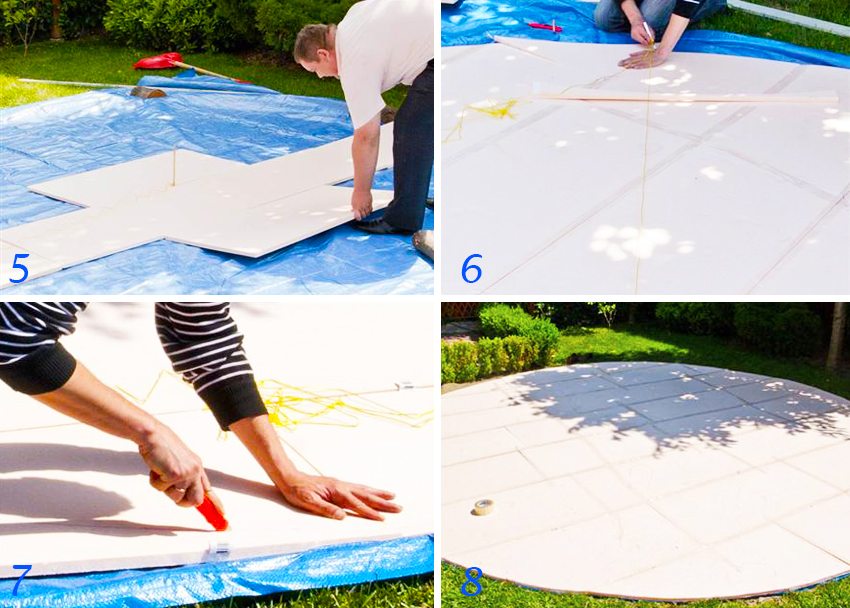 Instalacija bazena: 5 - polažemo penofol; 6 - zalijepite listove zajedno; 7 - poravnajte rubove penofola; 8 - zalijepite zglobove trakom Instalacija bazena: 5 - polažemo penofol; 6 - zalijepite listove zajedno; 7 - poravnajte rubove penofola; 8 - zalijepite zglobove trakom