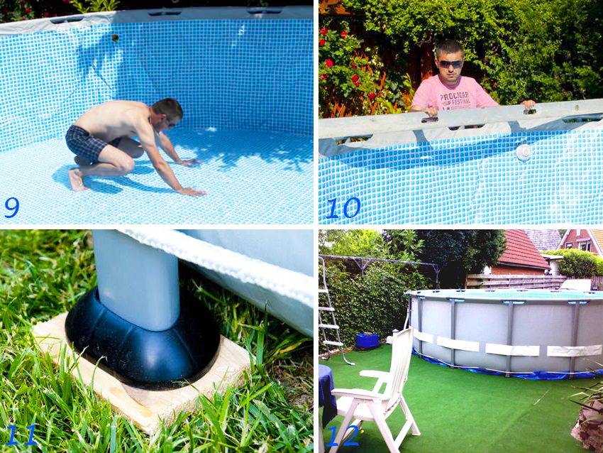 Instalacija bazena: 9 - postavljamo i niveliramo bazen; 10 - provjera po razini; 11 - namjestite noge na nosačima; 12 - gotov bazen može se napuniti vodom Instalacija bazena: 9 - postavljamo i niveliramo bazen; 10 - provjera po razini; 11 - namjestite noge na nosačima; 12 - gotov bazen može se napuniti vodom