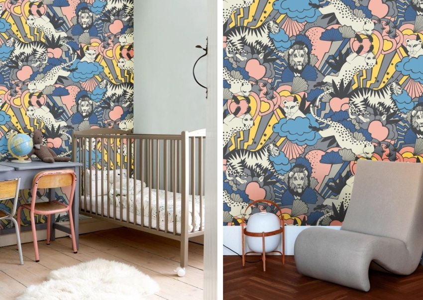 Tapet luminos cu imprimeu animal în camera copiilor Tapet luminos cu imprimeu animal în camera copiilor