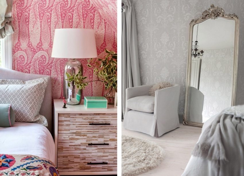 Exemple de utilizare a tapetului cu un ornament ușor, discret în dormitor Exemple de utilizare a tapetului cu un ornament ușor, discret în dormitor