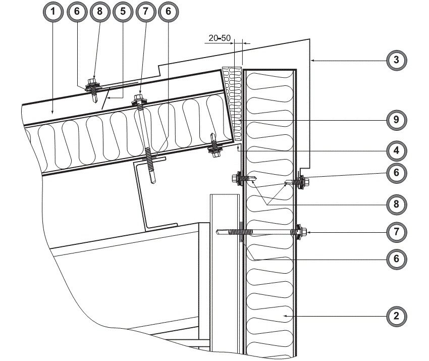 Tegning på takryggen: 1 - sandwichpanel på tak, 2 - sandwichpanel på veggen, 3, 4 og 5 - formede elementer, 6 - tetningstape, 7 og 8 - selvborende skruer, 9 - basaltisolasjon Tegning på takryggen: 1 - sandwichpanel på tak, 2 - sandwichpanel på veggen, 3, 4 og 5 - formede elementer, 6 - tetningstape, 7 og 8 - selvborende skruer, 9 - basaltisolasjon