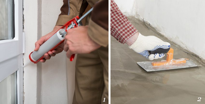 Изолация на лоджията. Фигура: 1: 1 - обработка на пукнатини с уплътнител; 2 - подова замазка Изолация на лоджията. Фигура: 1: 1 - обработка на пукнатини с уплътнител; 2 - подова замазка