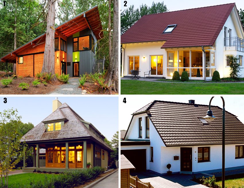 סוגי גגות, איור. 1: 1 - שיפוע יחיד; 2 - גמלון; 3 - הירך; 4 - חצי ירך סוגי גגות, איור. 1: 1 - שיפוע יחיד; 2 - גמלון; 3 - הירך; 4 - חצי ירך