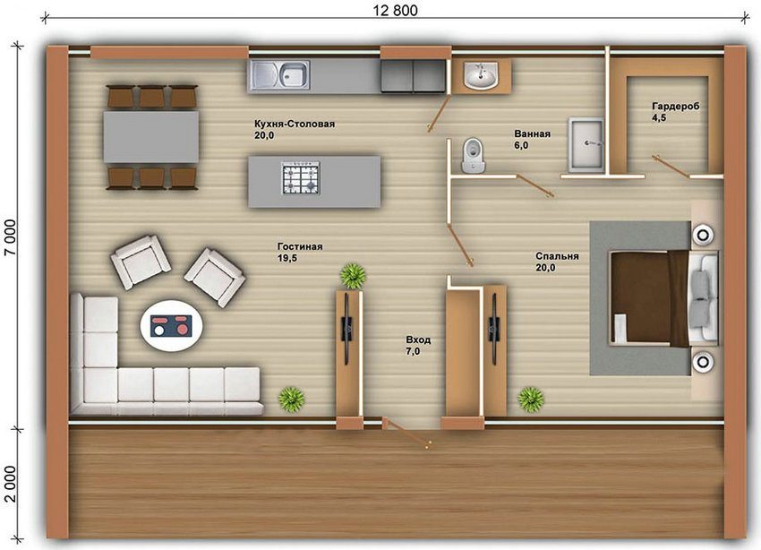 Một ví dụ về cách bố trí của một ngôi nhà nhỏ một tầng từ một quán bar Một ví dụ về cách bố trí của một ngôi nhà nhỏ một tầng từ một quán bar