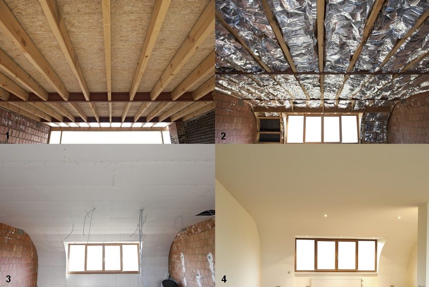 Dämmung der Decke in einem Haus mit kaltem Dach von der Seite des Untergeschosses: 1 - Vorbereitung der Decke für die Dämmung; 2 - Installation der Isolierung; 3 - Gipskartonummantelung; 4 - Abschlussarbeiten Dämmung der Decke in einem Haus mit kaltem Dach von der Seite des Untergeschosses: 1 - Vorbereitung der Decke für die Dämmung; 2 - Installation der Isolierung; 3 - Gipskartonummantelung; 4 - Abschlussarbeiten