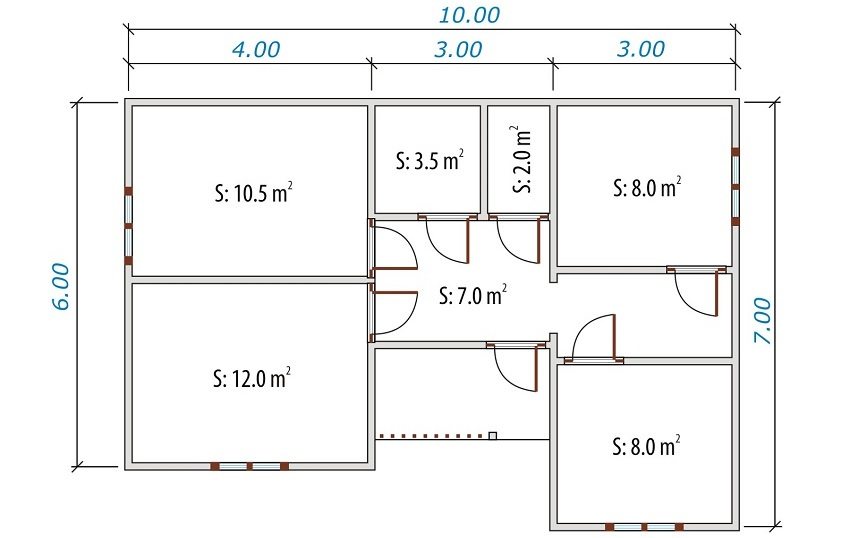 Project of a one-story wooden house 10x7 m from a bar Project of a one-story wooden house 10x7 m from a bar