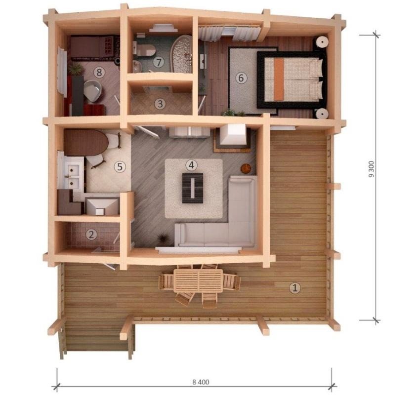 Project of a compact one-story house made of timber: 1 - terrace, 2 - vestibule, 3 - hall, 4 - living room, 5 - kitchen, 6 - bedroom, 7 - bathroom, 8 - children's Project of a compact one-story house made of timber: 1 - terrace, 2 - vestibule, 3 - hall, 4 - living room, 5 - kitchen, 6 - bedroom, 7 - bathroom, 8 - children's