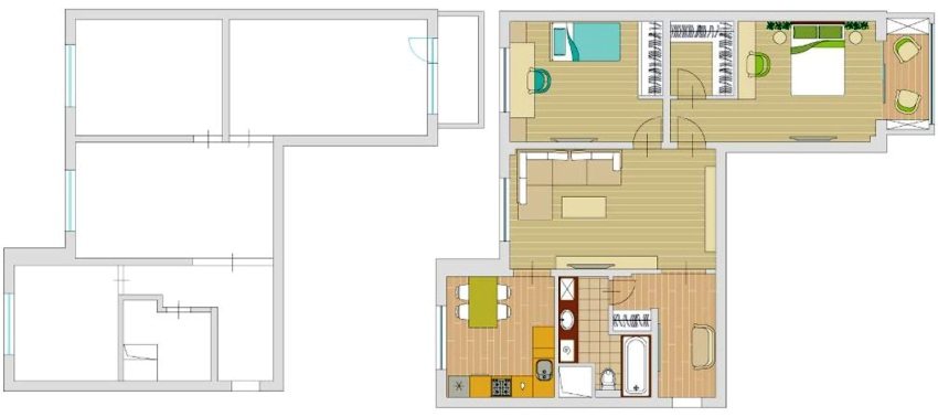 Tre-værelses lejlighed før og efter ombygning Tre-værelses lejlighed før og efter ombygning
