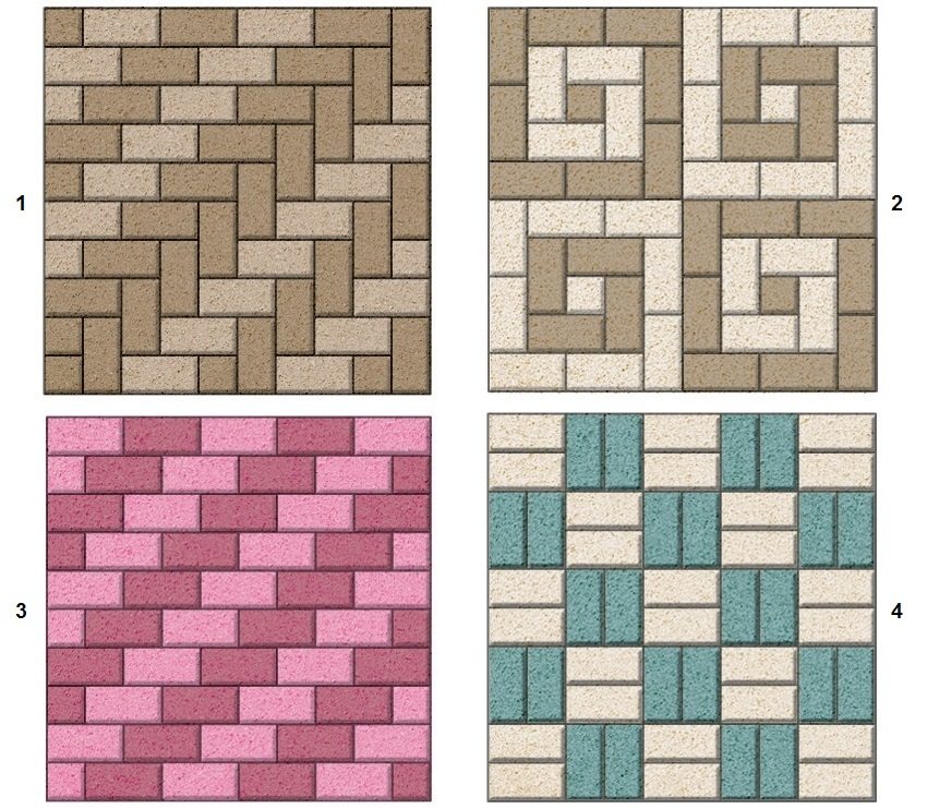 Esimerkkejä yksinkertaisista päällystyslevyjen asetteluista: 1 - kalanruoto, 2 - kierre, 3 - tikkaat, 4 - shakkilauta Esimerkkejä yksinkertaisista päällystyslevyjen asetteluista: 1 - kalanruoto, 2 - kierre, 3 - tikkaat, 4 - shakkilauta