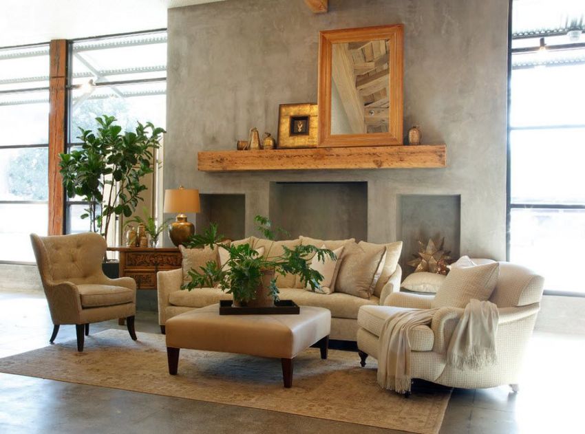 En falsk peis i stuen er dekorert med dekorativt gips En falsk peis i stuen er dekorert med dekorativt gips