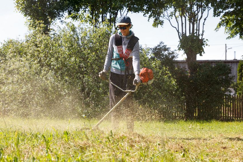 Der Prozess des Grasschneidens mit dem leistungsstarken Benzinschneider Der Prozess des Grasschneidens mit dem leistungsstarken Benzinschneider