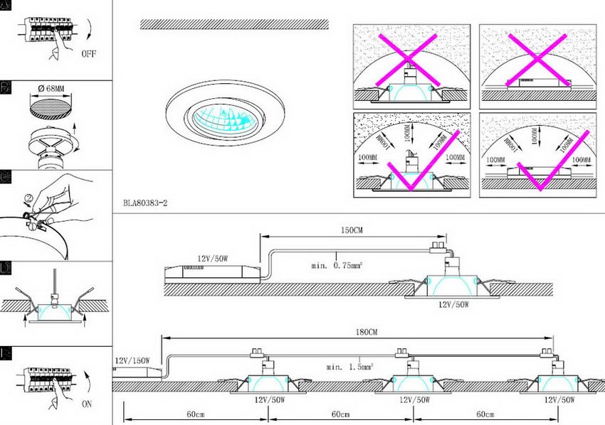 Esquema d'instal·lació de focus LED encastats Esquema d'instal·lació de focus LED encastats
