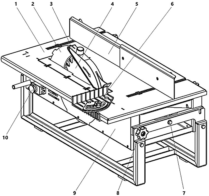 Generelt billede af maskinen i savtilstand: 1 - savbord; 2 - rivekniv; 3 - beskyttende kappe 4 - savklinge; 5 - guide lineal; 6 - indretning til tværskæring i en vinkel; 7 - akse; 8 - håndtag; 9 - drivmekanisme; 10 - switch Generelt billede af maskinen i savtilstand: 1 - savbord; 2 - rivekniv; 3 - beskyttende kappe 4 - savklinge; 5 - guide lineal; 6 - indretning til tværskæring i en vinkel; 7 - akse; 8 - håndtag; 9 - drivmekanisme; 10 - switch