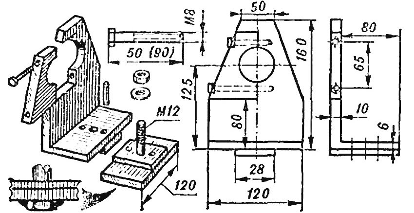 Tegning af den forreste støtte, hvori boret er fastgjort Tegning af den forreste støtte, hvori boret er fastgjort