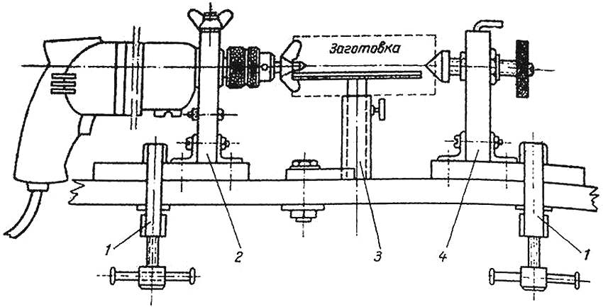 Diagram over enheden til en hjemmelavet drejebænk baseret på en boremaskine: 1 - vedhæftede filer til et bord eller en arbejdsbænk; 2 - frontstøtte; 3 - støtte til emnet; 4 - rygstøtte Diagram over enheden til en hjemmelavet drejebænk baseret på en boremaskine: 1 - vedhæftede filer til et bord eller en arbejdsbænk; 2 - frontstøtte; 3 - støtte til emnet; 4 - rygstøtte