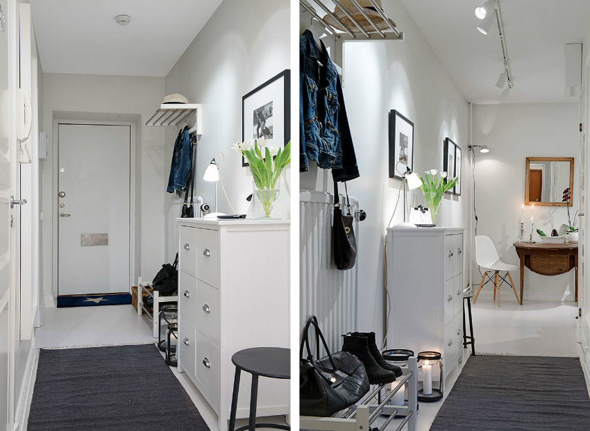 Na vizuálne rozšírenie priestoru v úzkej chodbe je lepšie použiť svetlé farby poťahu a nábytku Na vizuálne rozšírenie priestoru v úzkej chodbe je lepšie použiť svetlé farby poťahu a nábytku